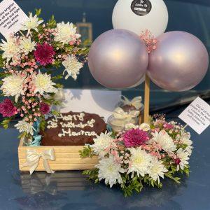 Wooden Tray with Custom Cake and Flowers – Floral Bliss Tray by The LuvBox Pk