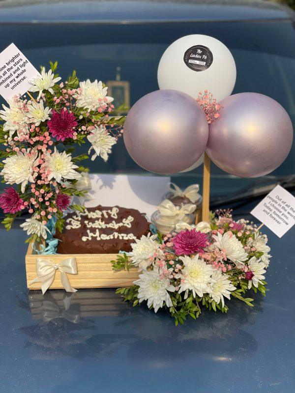 Wooden Tray with Custom Cake and Flowers – Floral Bliss Tray by The LuvBox Pk