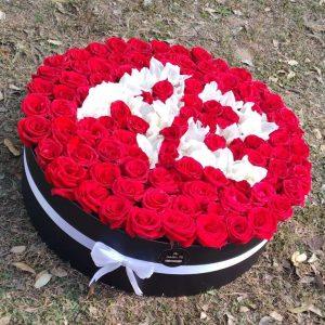 Luxury flower box with 100 roses and custom white letter design – perfect gift from gift shop in Islamabad