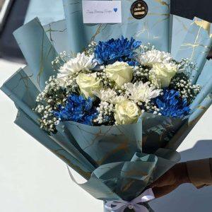 Blue and white luxury flower bouquet for him – premium gift by The LuvBox Pk, florist in Islamabad.