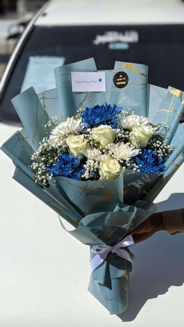 Blue and white luxury flower bouquet for him – premium gift by The LuvBox Pk, florist in Islamabad.