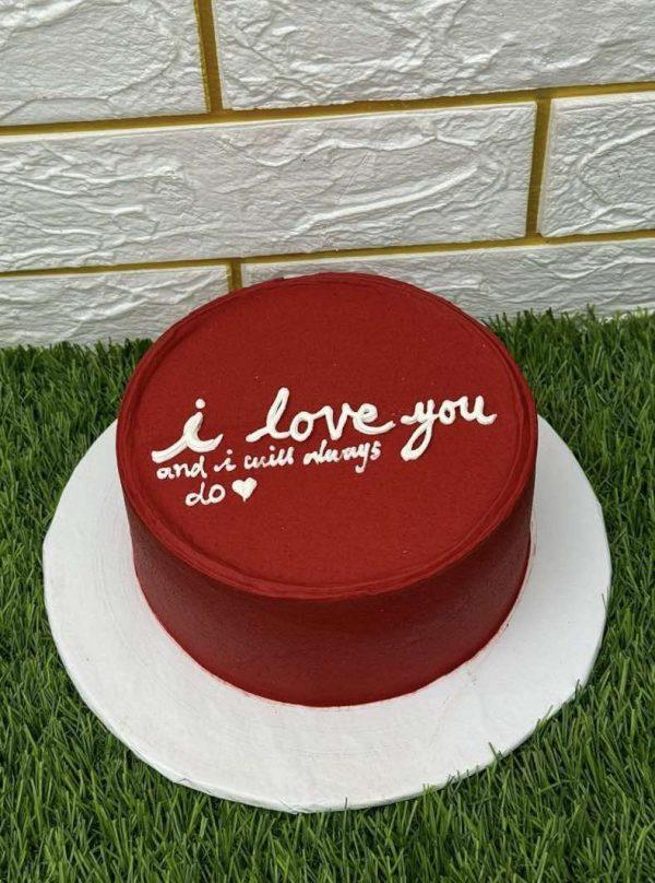 Red romantic cake with I Love You message – birthday and anniversary cake in Islamabad.