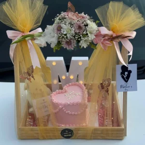 Wooden gift box with heart cake, bear, and chocolates – Mother’s Day special