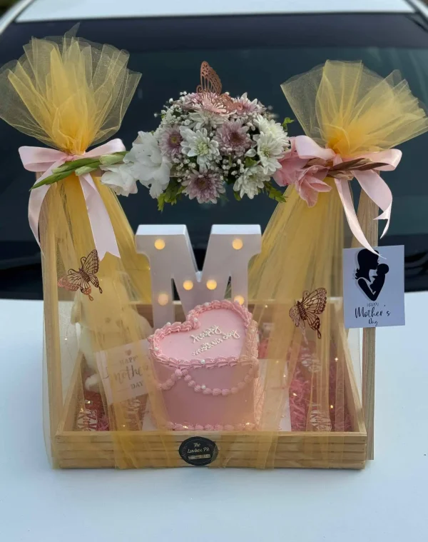 Wooden gift box with heart cake, bear, and chocolates – Mother’s Day special