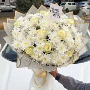 Luxe Frost – Elegant white flower bouquet with roses and lilies for gift delivery in Islamabad