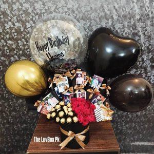 Balloon gift box with luxury chocolates and fresh flowers – The LuvBox PK gift shop in Islamabad