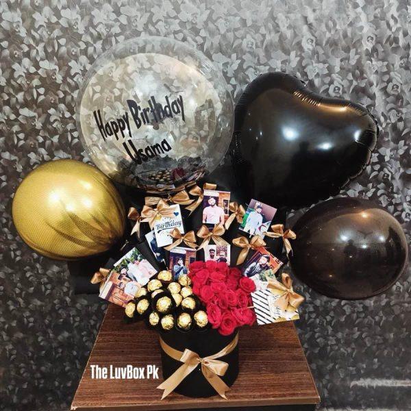 Balloon gift box with luxury chocolates and fresh flowers – The LuvBox PK gift shop in Islamabad