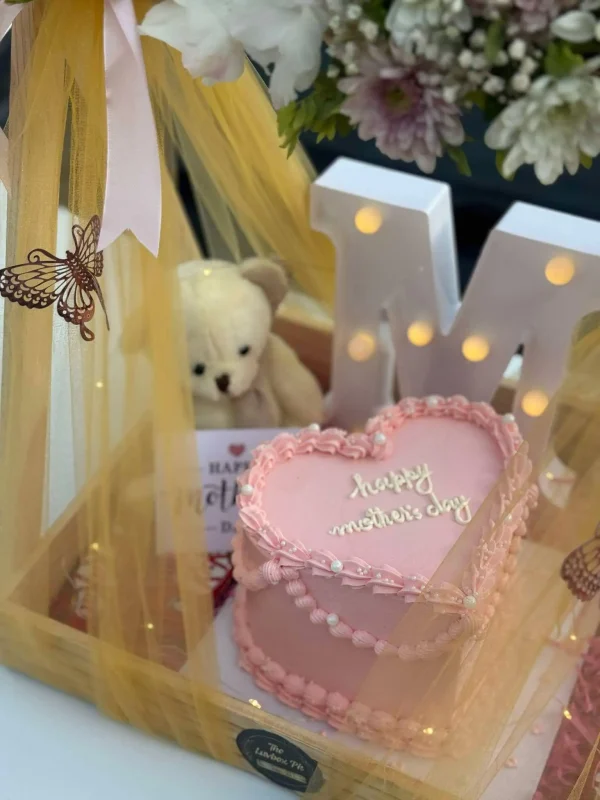 Heartful Moments Basket – Cake, Bear & Chocolates in Wooden Tray - Image 2