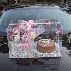 The LuvBox PK Luxe big acrylic box with best-selling cake, flower box, and LED lights – premium affordable gift from gift shop in Islamabad