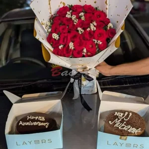 Affordable flower bouquet with two cakes – perfect combo for anniversary and birthday gifts from The LuvBox PK
