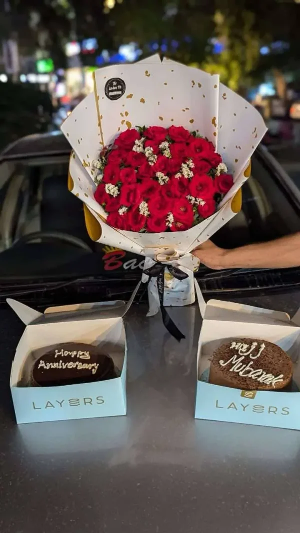 Affordable flower bouquet with two cakes – perfect combo for anniversary and birthday gifts from The LuvBox PK