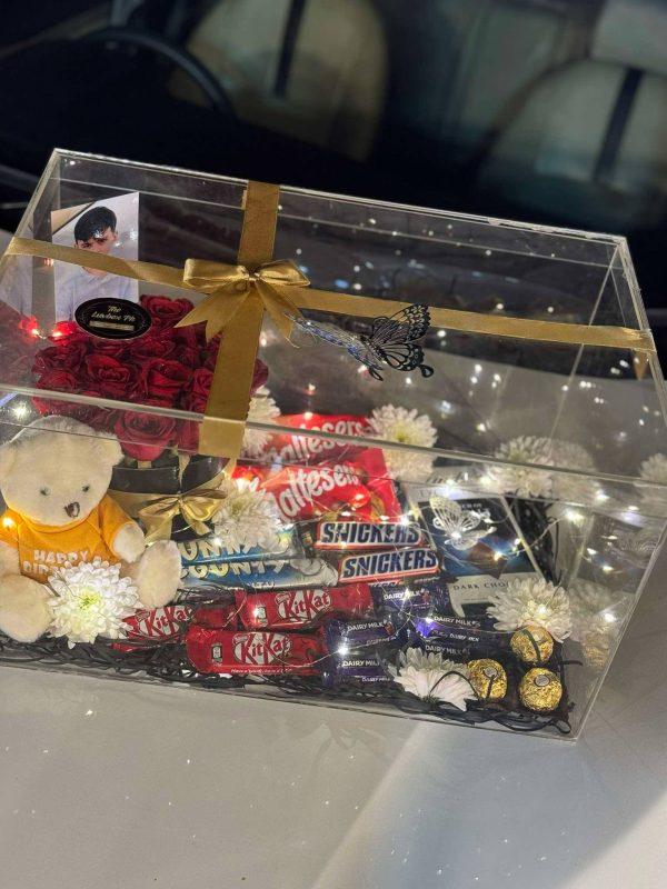 XL acrylic box with chocolates, roses, and teddy bear – kids luxury gift by The LuvBox PK in Islamabad