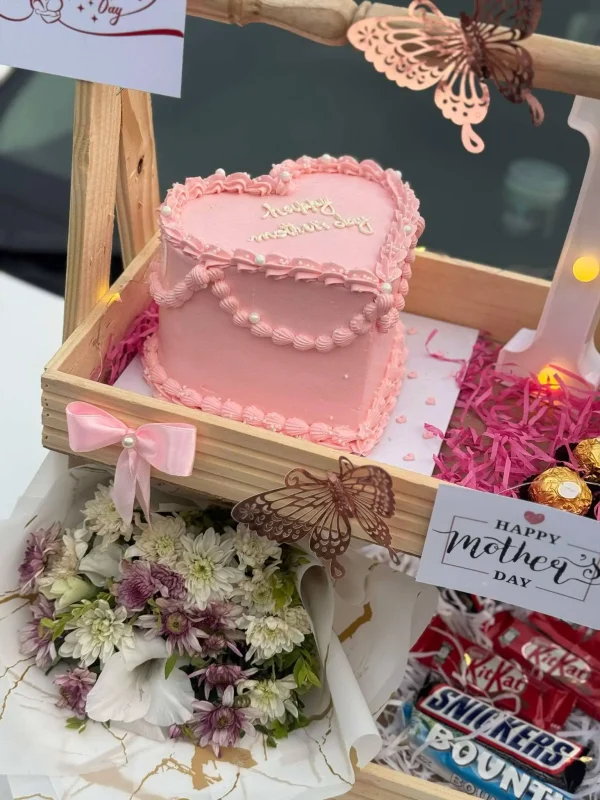 Mom’s Delight Wooden Basket – 2-Tier Gift with Cake, Bear, Chocolates & Flowers - Image 3