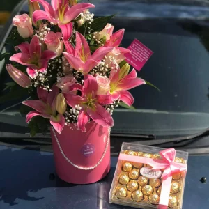 Luxury lilies and Ferrero Rocher chocolate box from The LuvBox PK – elegant gift in Islamabad, Lahore, and Peshawar