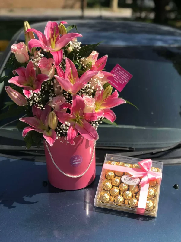 Luxury lilies and Ferrero Rocher chocolate box from The LuvBox PK – elegant gift in Islamabad, Lahore, and Peshawar