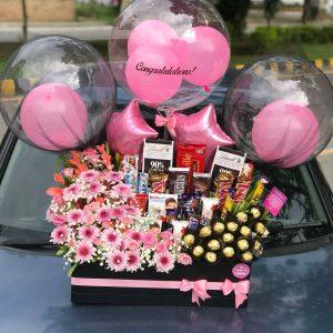 Ultimate luxury flower box with custom message balloons, premium chocolates and fresh flowers by The LuvBox PK
