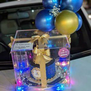 Luxury custom cake for him in acrylic box with balloons and lights – The LuvBox PK