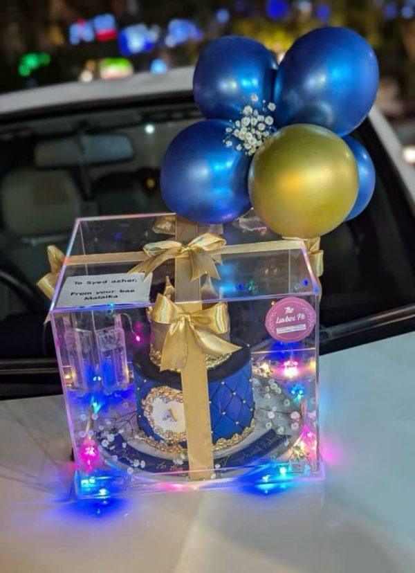 Luxury custom cake for him in acrylic box with balloons and lights – The LuvBox PK