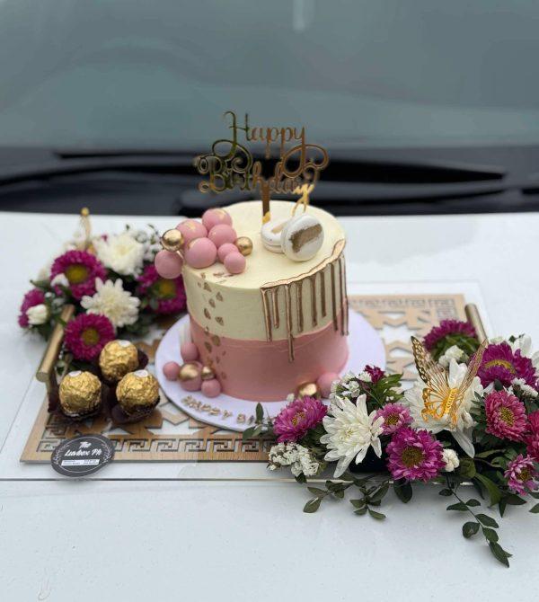 Custom-designed acrylic tray with 2-3 lbs cake and fresh flowers – luxury gift by The LuvBox PK Islamabad