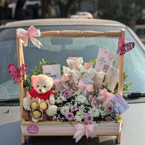 Jhoola-style wooden gift basket with chocolates and teddy bear – The LuvBox PK Islamabad