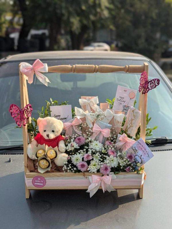 Jhoola-style wooden gift basket with chocolates and teddy bear – The LuvBox PK Islamabad