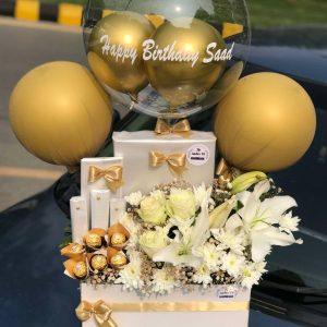 Elegant white birthday balloon box for him with premium chocolates and bespoke flowers – The LuvBox PK