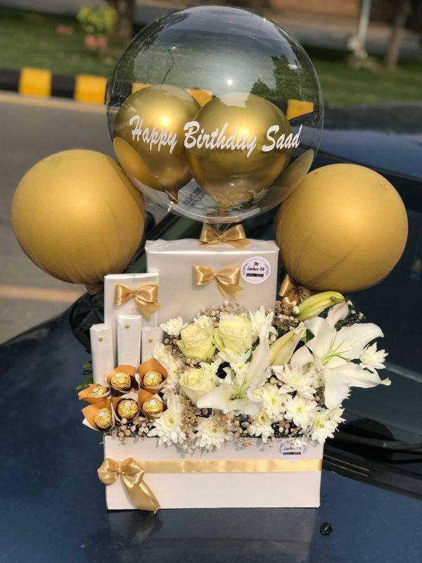 Elegant white birthday balloon box for him with premium chocolates and bespoke flowers – The LuvBox PK