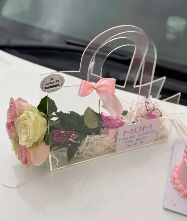 Elegant Handbag Gift – Acrylic Box with Roses & Heart Cake for Mother’s Day - Image 2
