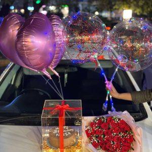Girly birthday gift combo with LED balloons, cake in acrylic box, and flower bouquet – The LuvBox PK