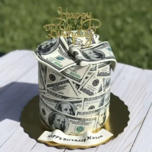 Custom fondant cake with edible dollar design for men – order in Islamabad from The LuvBox Pk.