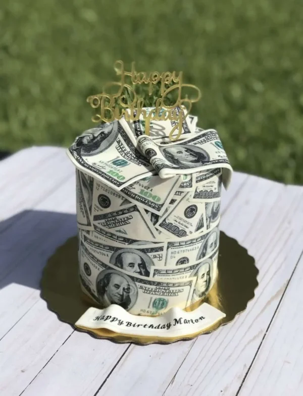 Custom fondant cake with edible dollar design for men – order in Islamabad from The LuvBox Pk.
