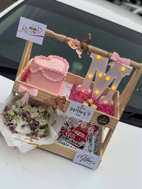 Mom’s Delight Wooden Basket – 2-Tier Gift with Cake, Bear, Chocolates & Flowers - Image 5