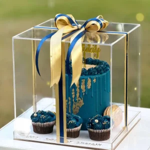 Luxury blue fondant birthday cake with cupcakes in acrylic LED box – customized cake delivery in Islamabad.