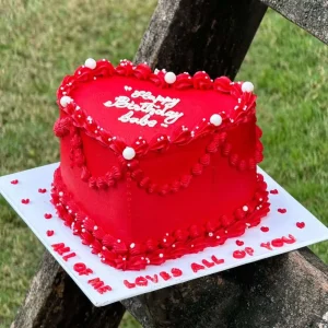 Red heart-shaped cake with “I Love You” message – romantic cake delivery in Islamabad.