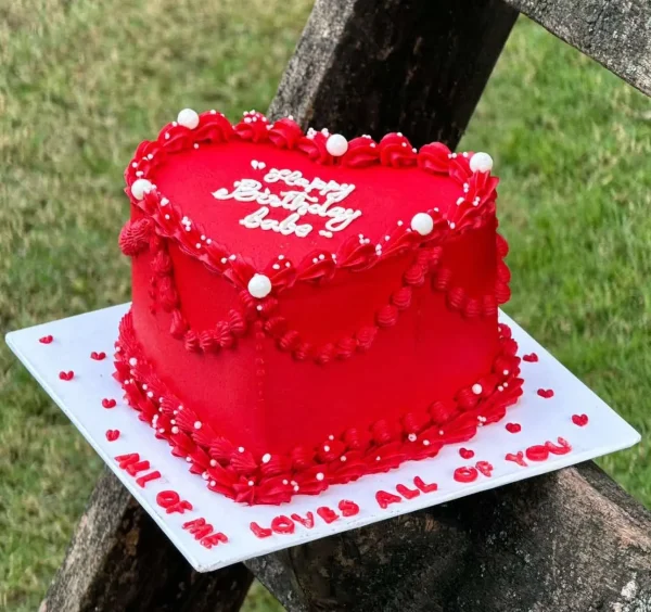 Red heart-shaped cake with “I Love You” message – romantic cake delivery in Islamabad.