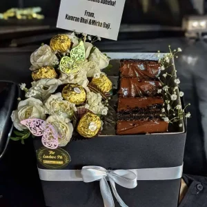 Small flower box with brownies and chocolates – gift for congratulations, apology, or birthdays