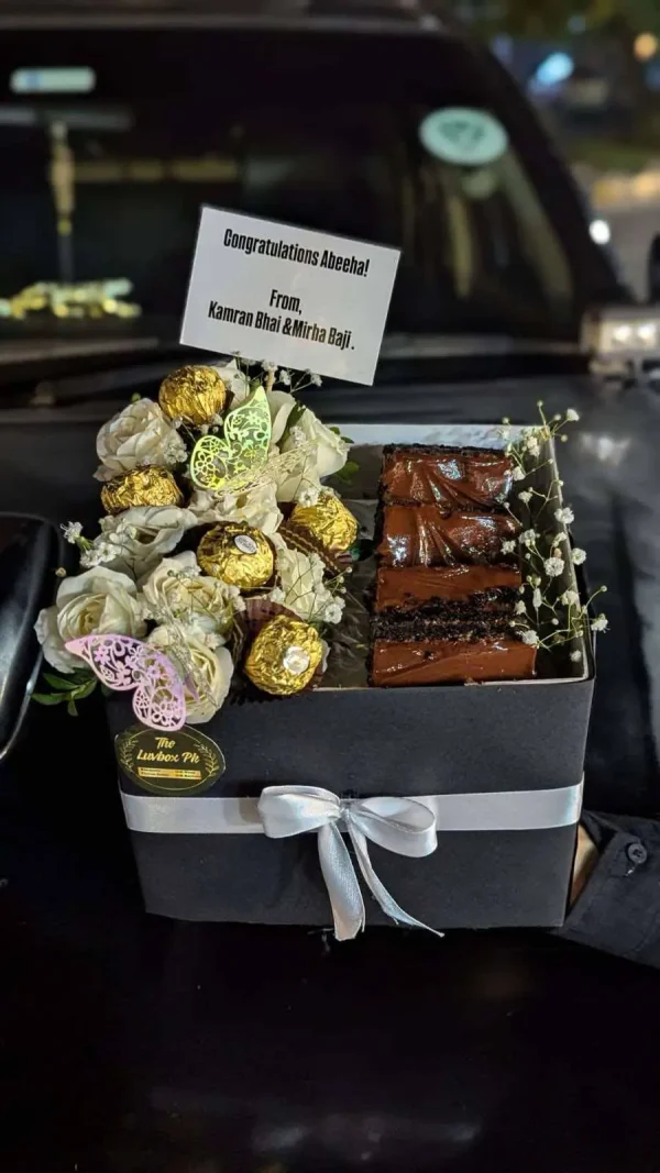 Small flower box with brownies and chocolates – gift for congratulations, apology, or birthdays