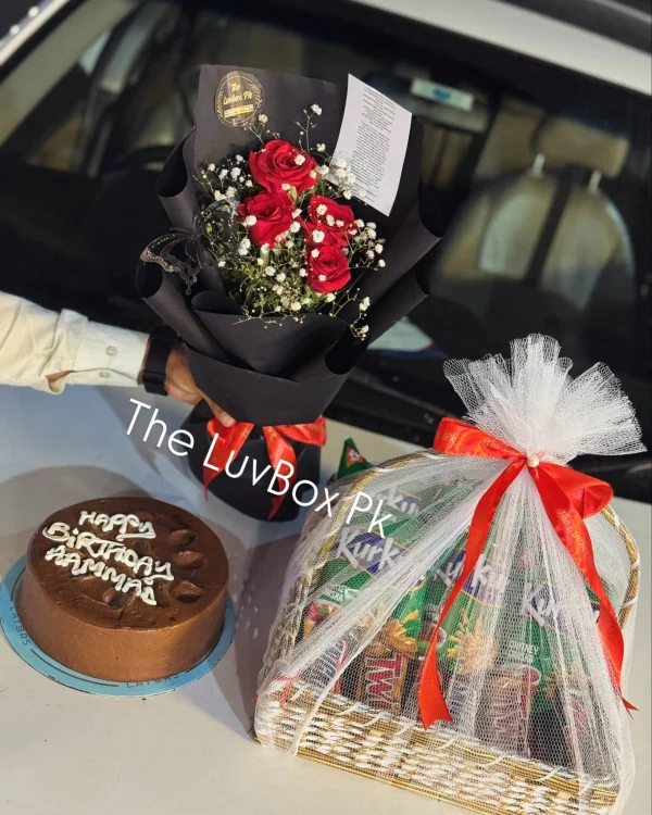 Luxury combo with flower bouquet, cake and chocolate basket – The LuvBox PK