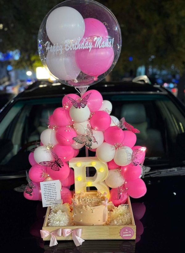 The LuvBox PK – Wooden Tray with Balloon Arch, LED Letter, Custom Cake & Flowers | Gift Shop in Islamabad