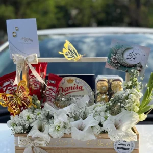 Wooden Eid gift tray with fresh flowers and snack items – The LuvBox PK