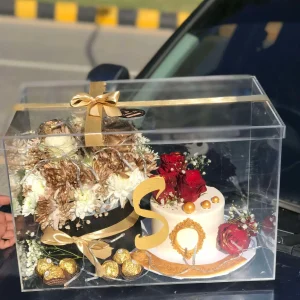 Luxury acrylic box with custom name, cake, and flowers – gift shop in Islamabad