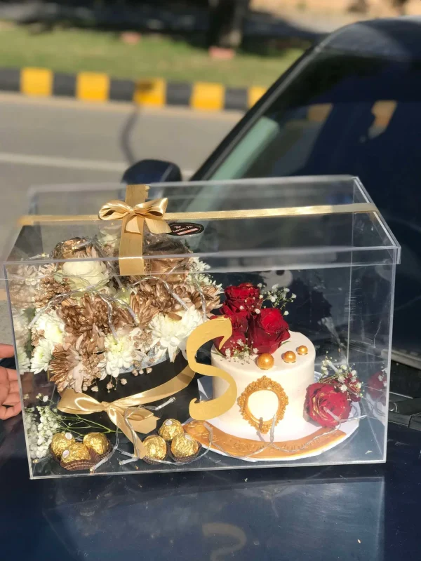 Luxury acrylic box with custom name, cake, and flowers – gift shop in Islamabad