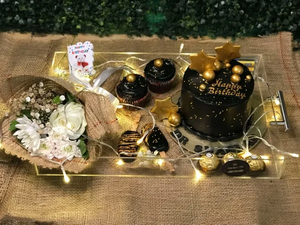 Luxury acrylic tray with customized cake, cupcakes, and bouquet – gift shop in Islamabad