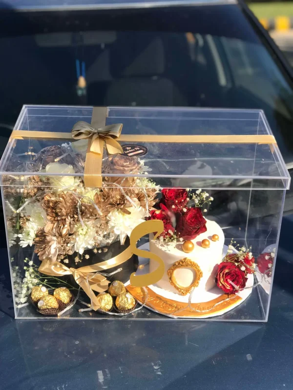 Luxury Acrylic Box with Customized Cake & Flowers – Gift Shop in Islamabad | The Luv Box PK - Image 2