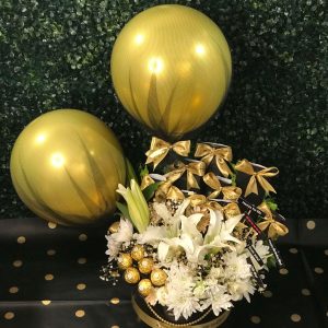 Golden theme chocolate box with white flowers by The LuvBox PK – gift shop in Islamabad