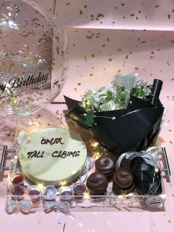 Celebration acrylic tray with cake, cupcakes, flowers, and balloon – The LuvBox PK gift combo
