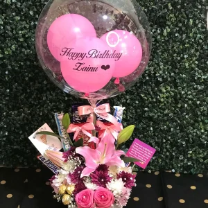 Birthday balloon gift box with lilies, chrysanthemums, and chocolates – The Luv Box PK
