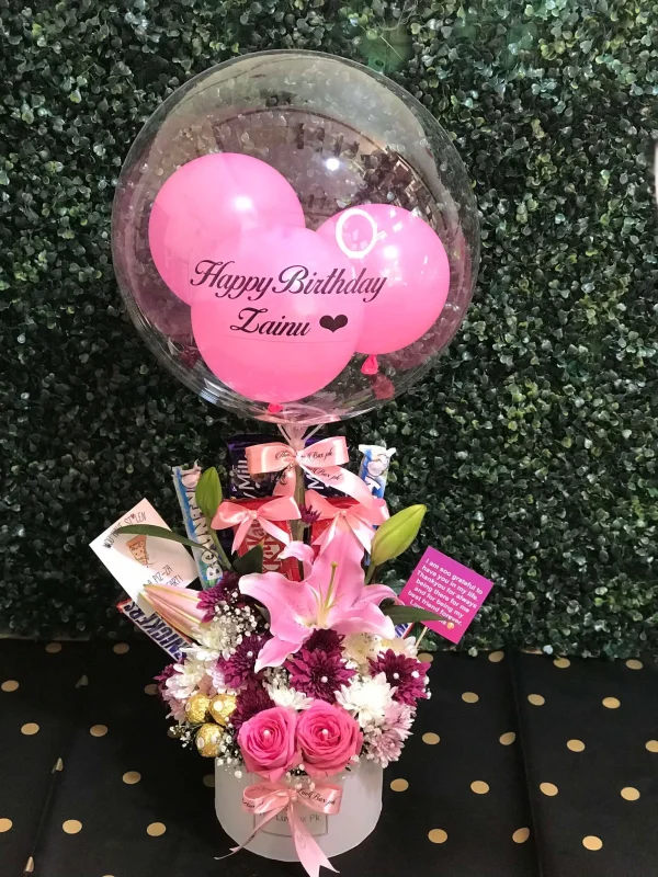 Birthday balloon gift box with lilies, chrysanthemums, and chocolates – The Luv Box PK