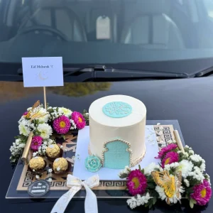 Eid acrylic platter with Ferrero Rocher chocolates, Eid cake, and fresh flowers – The LuvBox PK