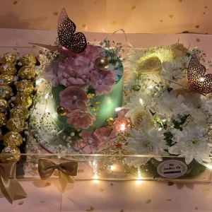 Acrylic Eid tray with 3 lbs custom cake, Ferrero Rochers, and fresh flowers – The LuvBox PK